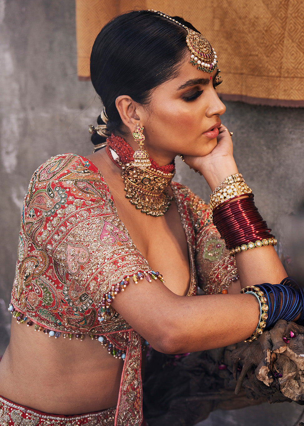 Scarlet Red Kasmiri Tilla Lehenga