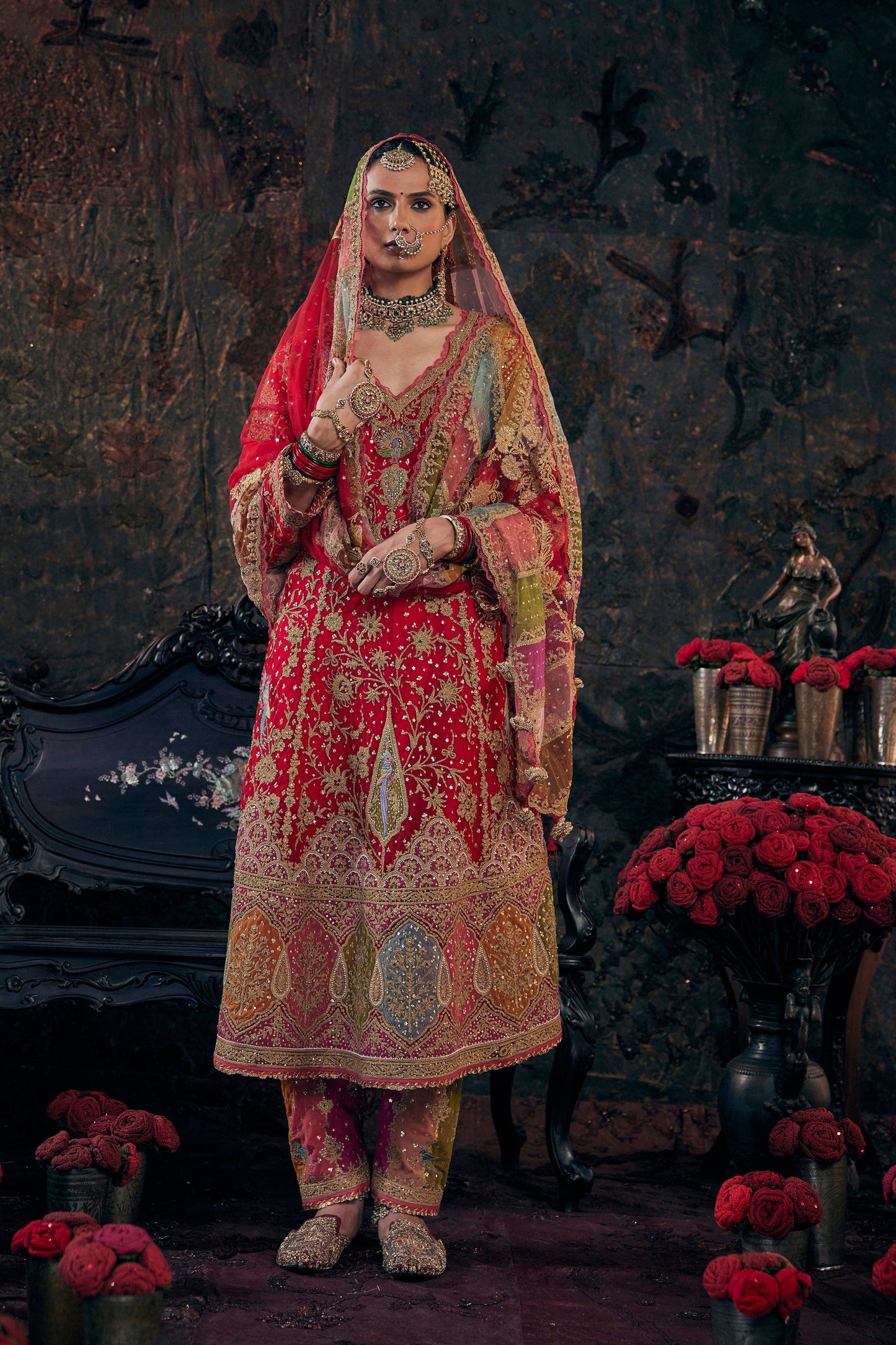 Vivid Red Embroidered Kalidar Set