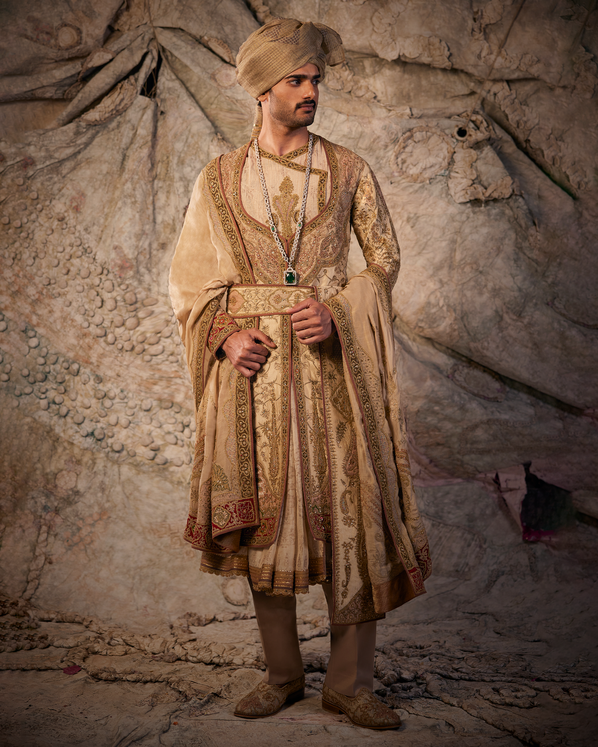 Fawn & Old Gold Embroidered Choga Set