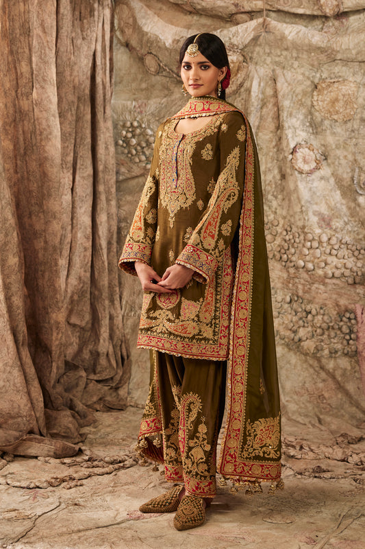 Olive Green Paisley Embroidered Kurta Set