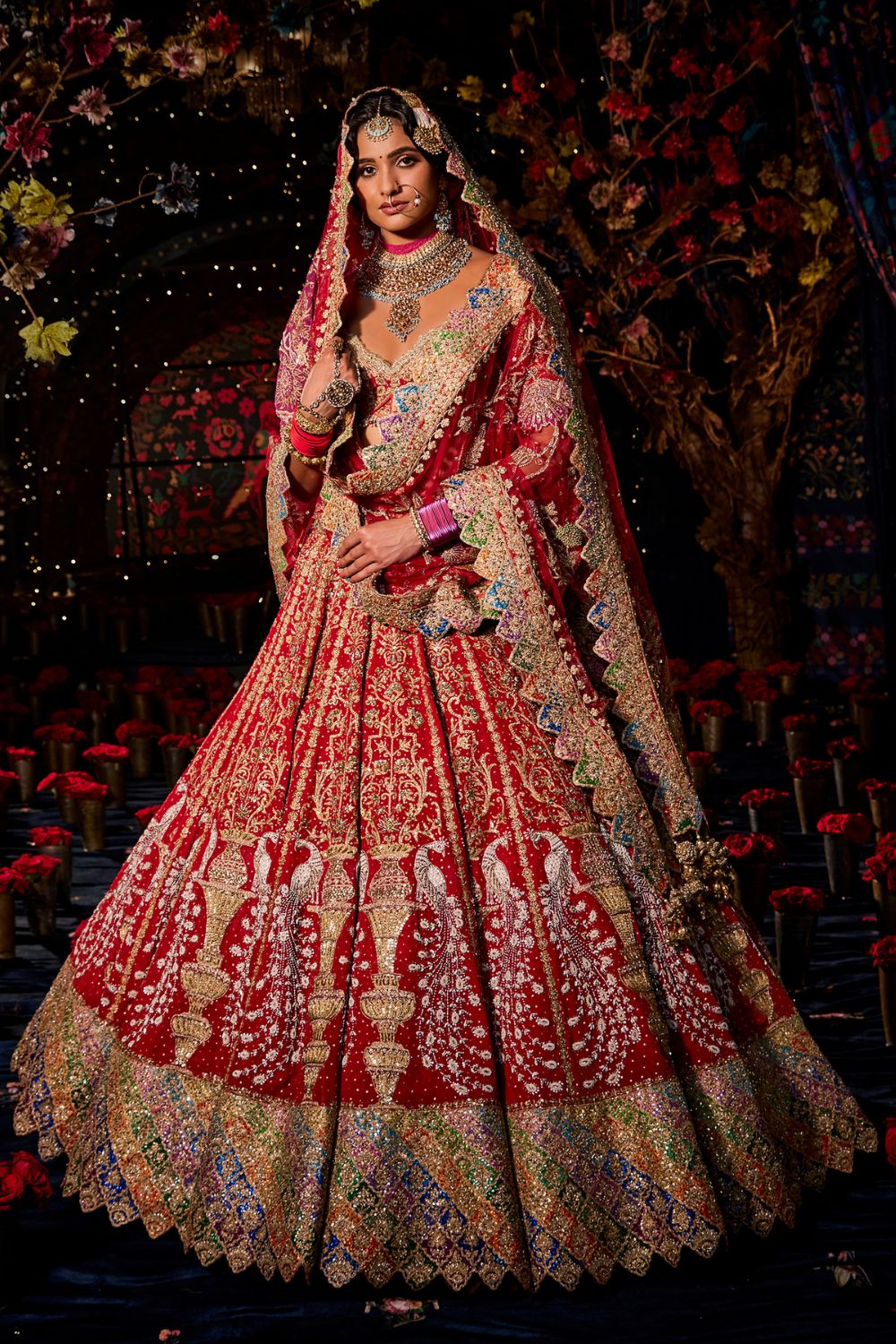 Deep Red  Seed Pearl Peacock Lehenga Set