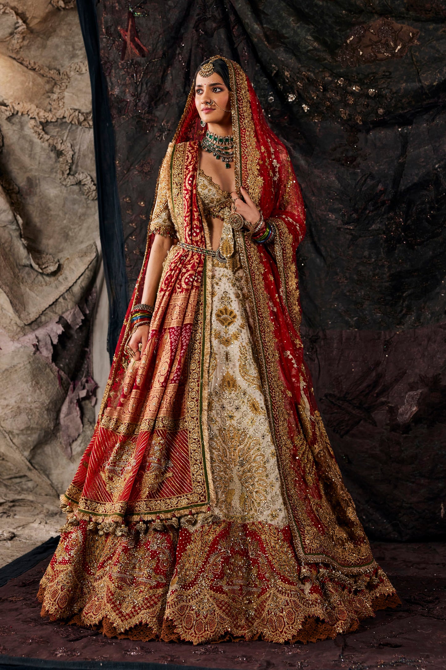 Red & Ivory Embroidered Georgette Lehenga