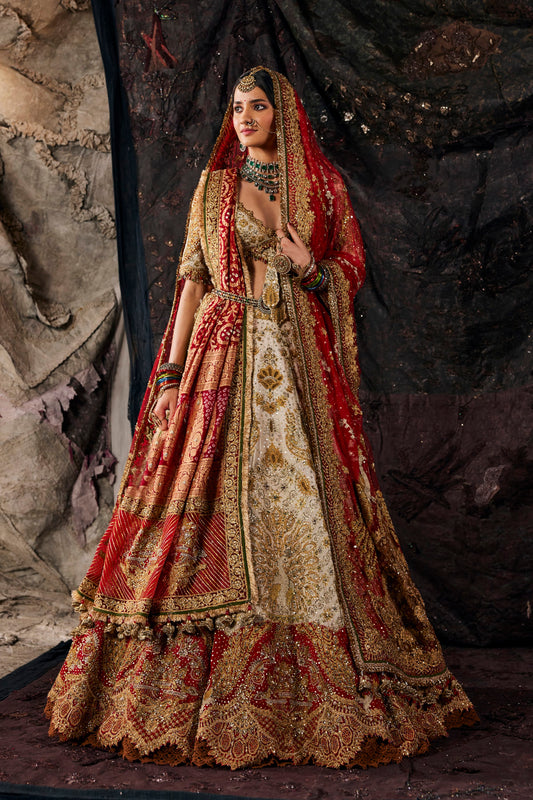 Red & Ivory Embroidered Georgette Lehenga