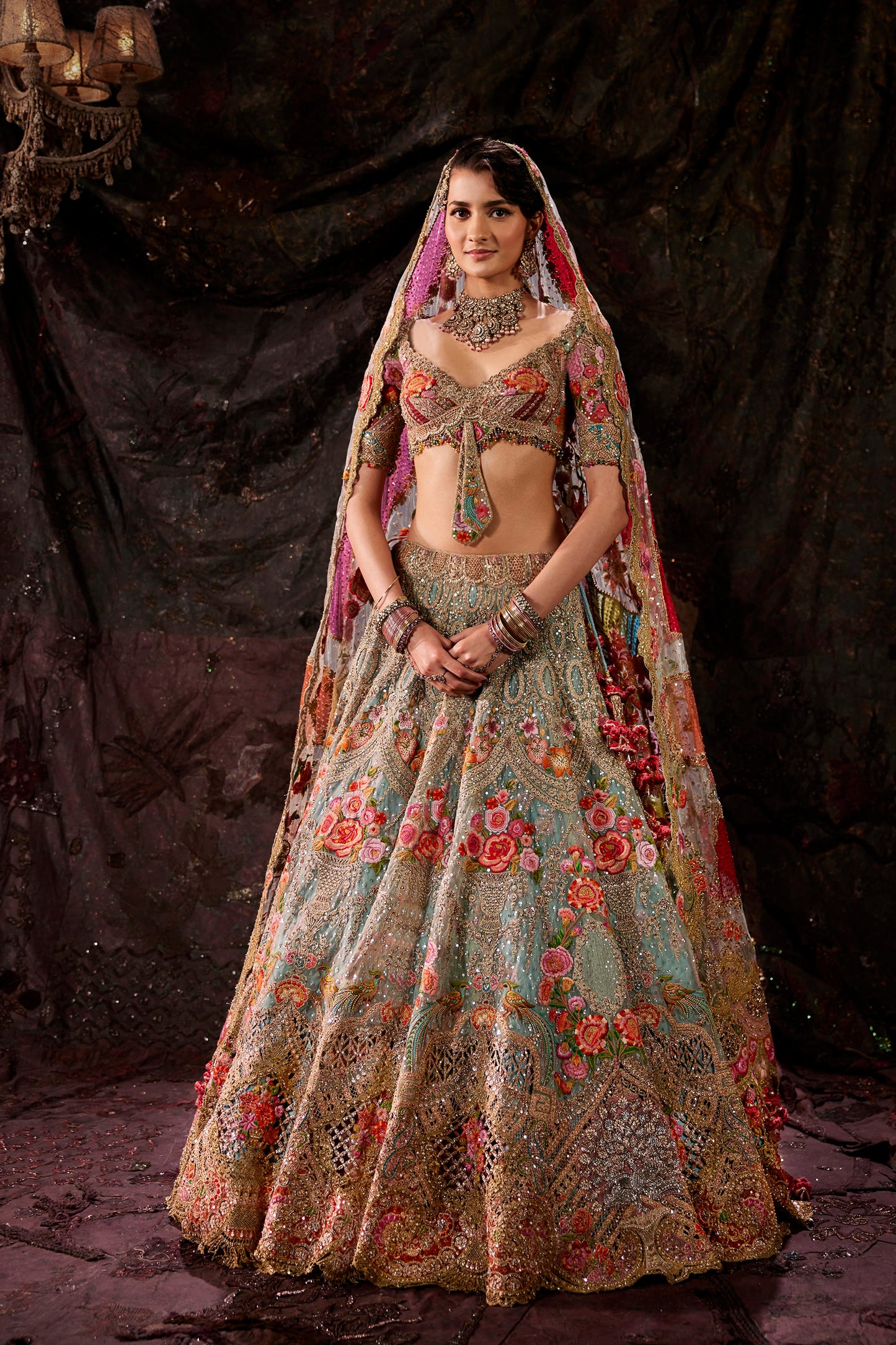 Frosted Blue Baroque Embroidered Tulle Lehenga
