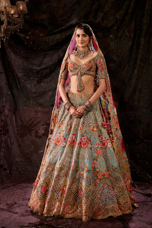 Frosted Blue Baroque Embroidered Tulle Lehenga