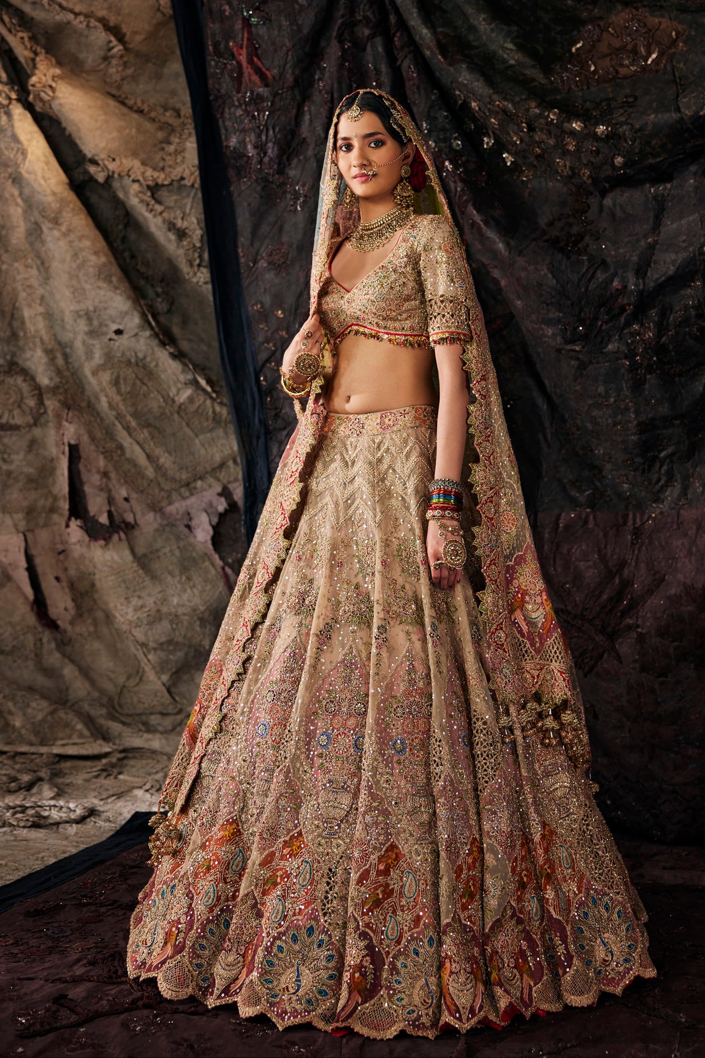 Ivory Mughal-Inspired Embroidered Tulle Lehenga