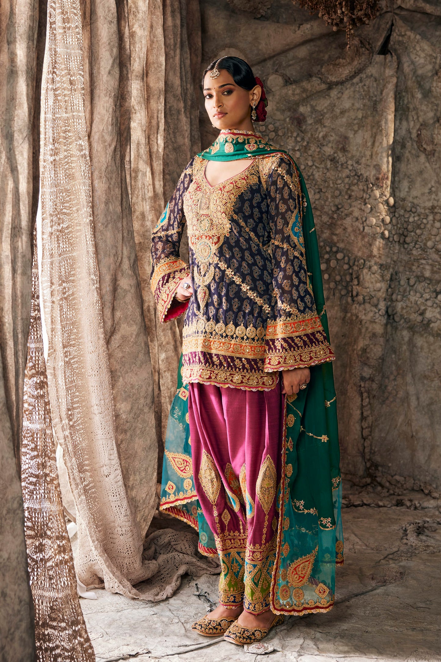 Midnight Blue & Ruby Pink Embroidered Kurti Set