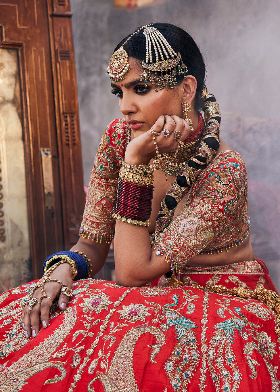Scarlet Red Kasmiri Tilla Lehenga