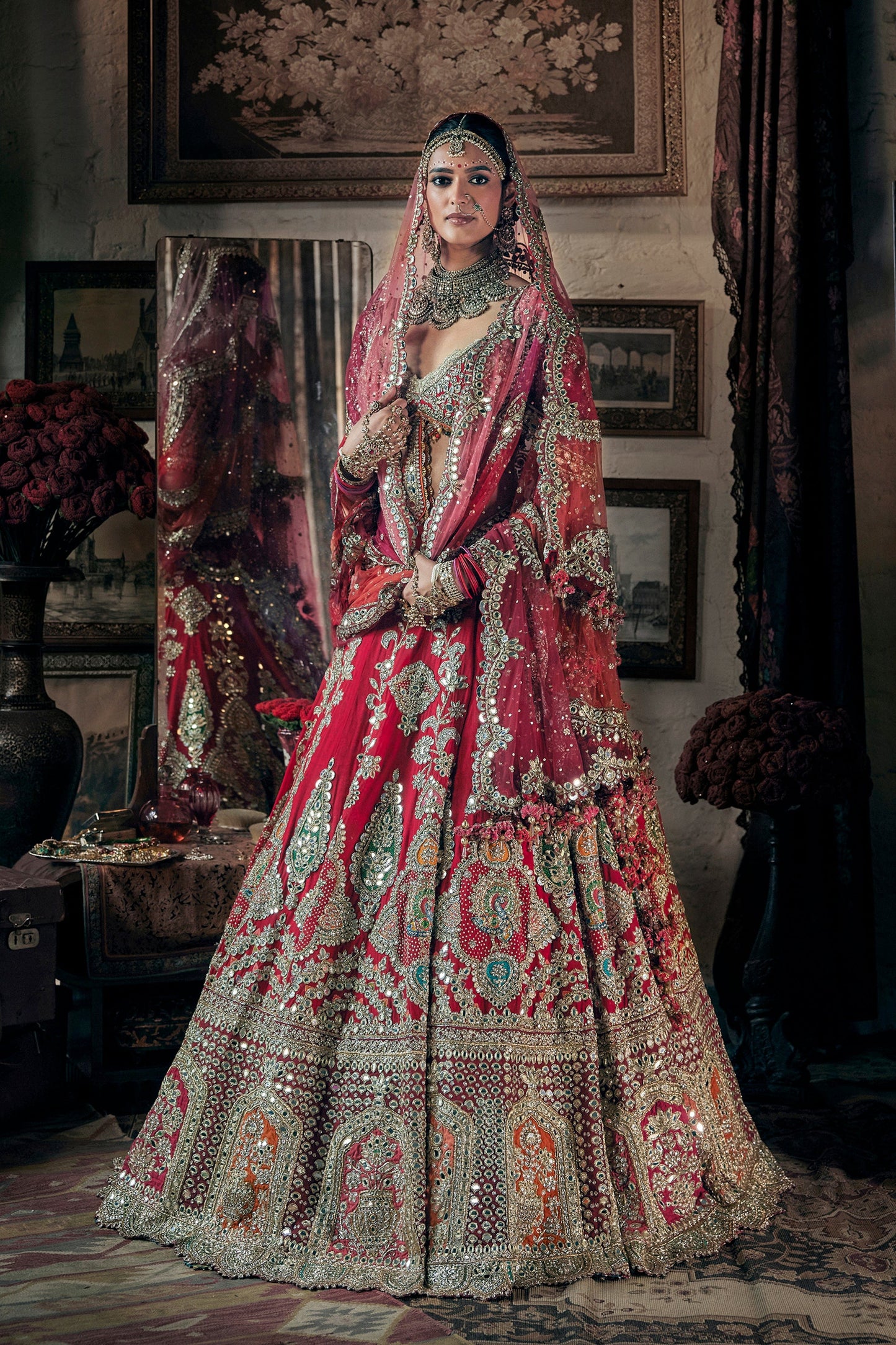 Vivid Red Embroidered Lehenga