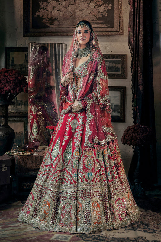 Vivid Red Embroidered Lehenga