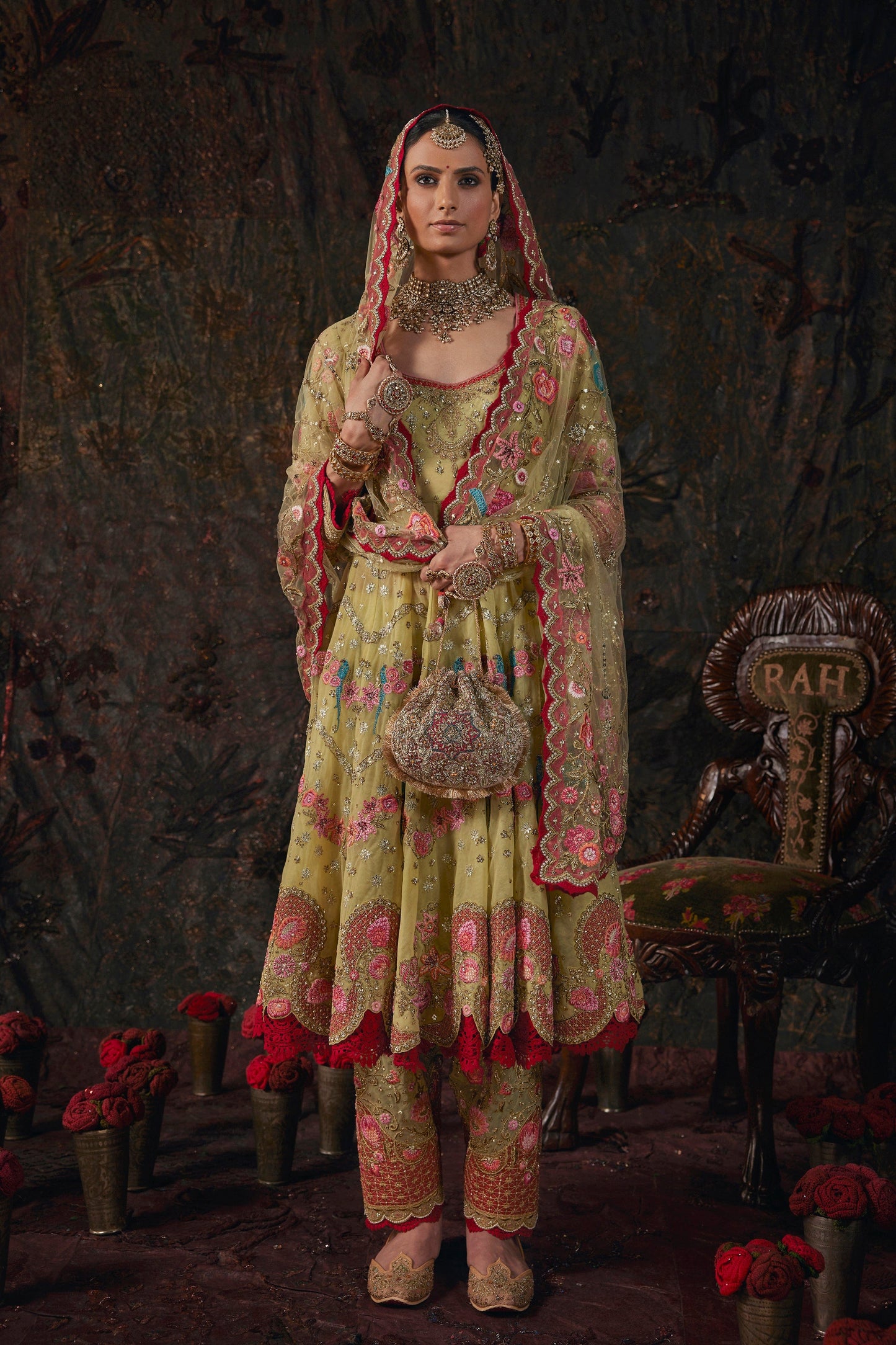Earthy Pistachio Embroidered Kalidar Set