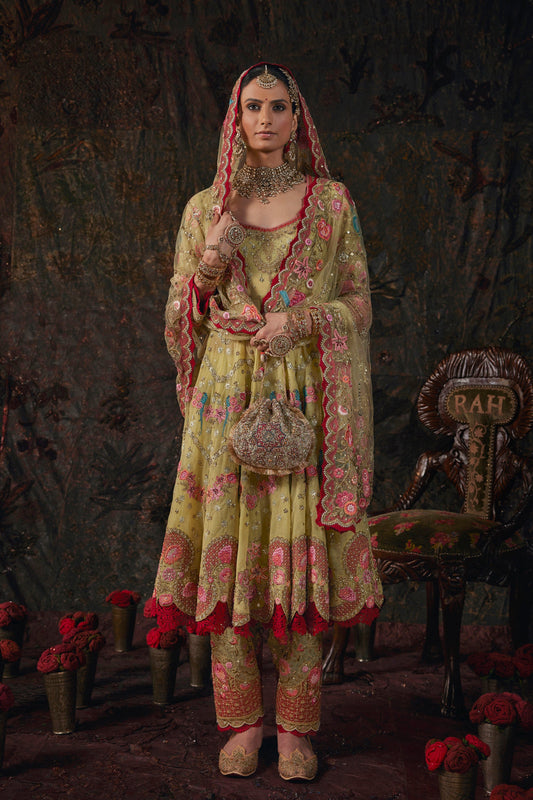 Earthy Pistachio Embroidered Kalidar Set