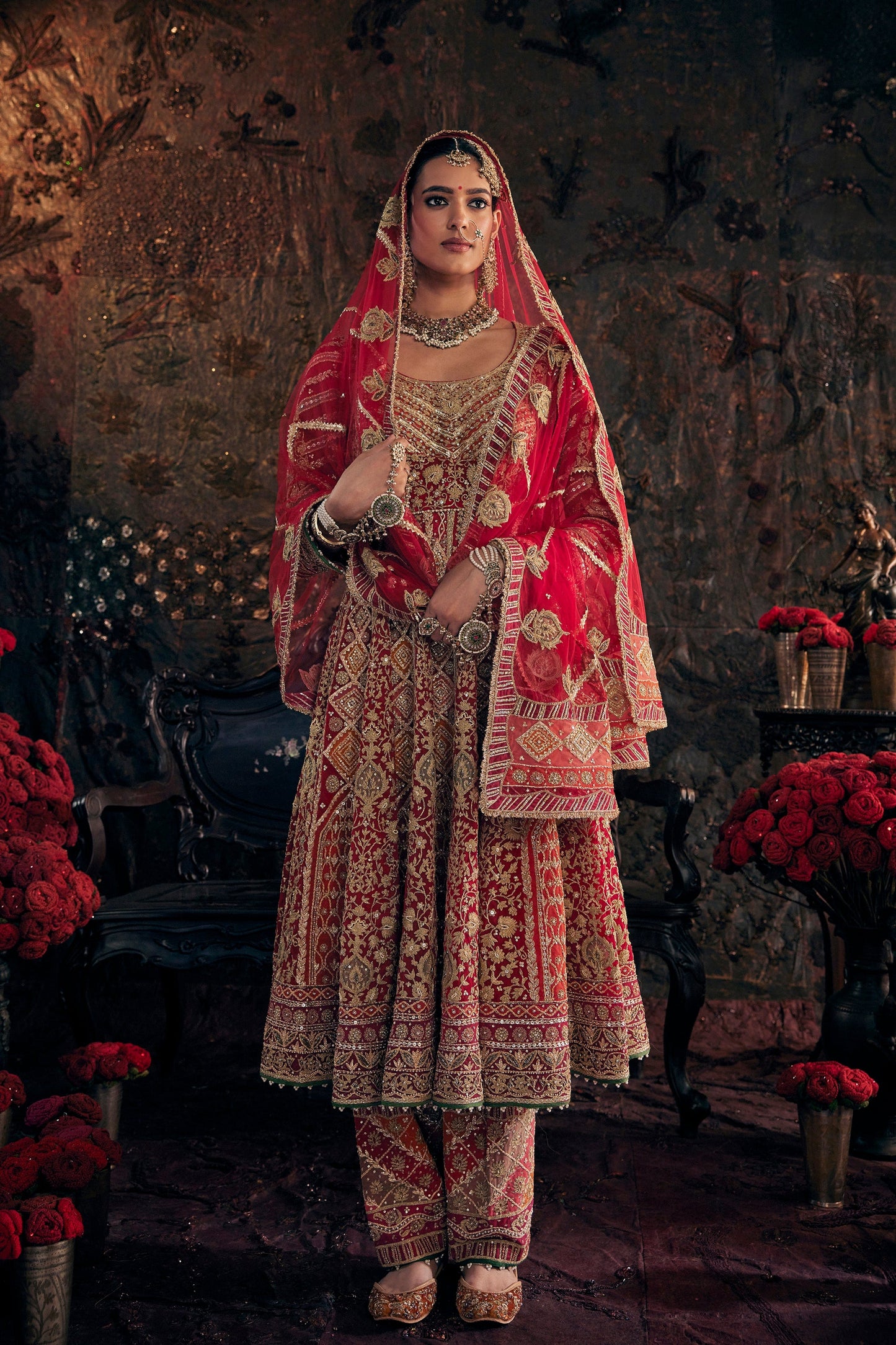Scarlet Red Embroidered Kalidar Set