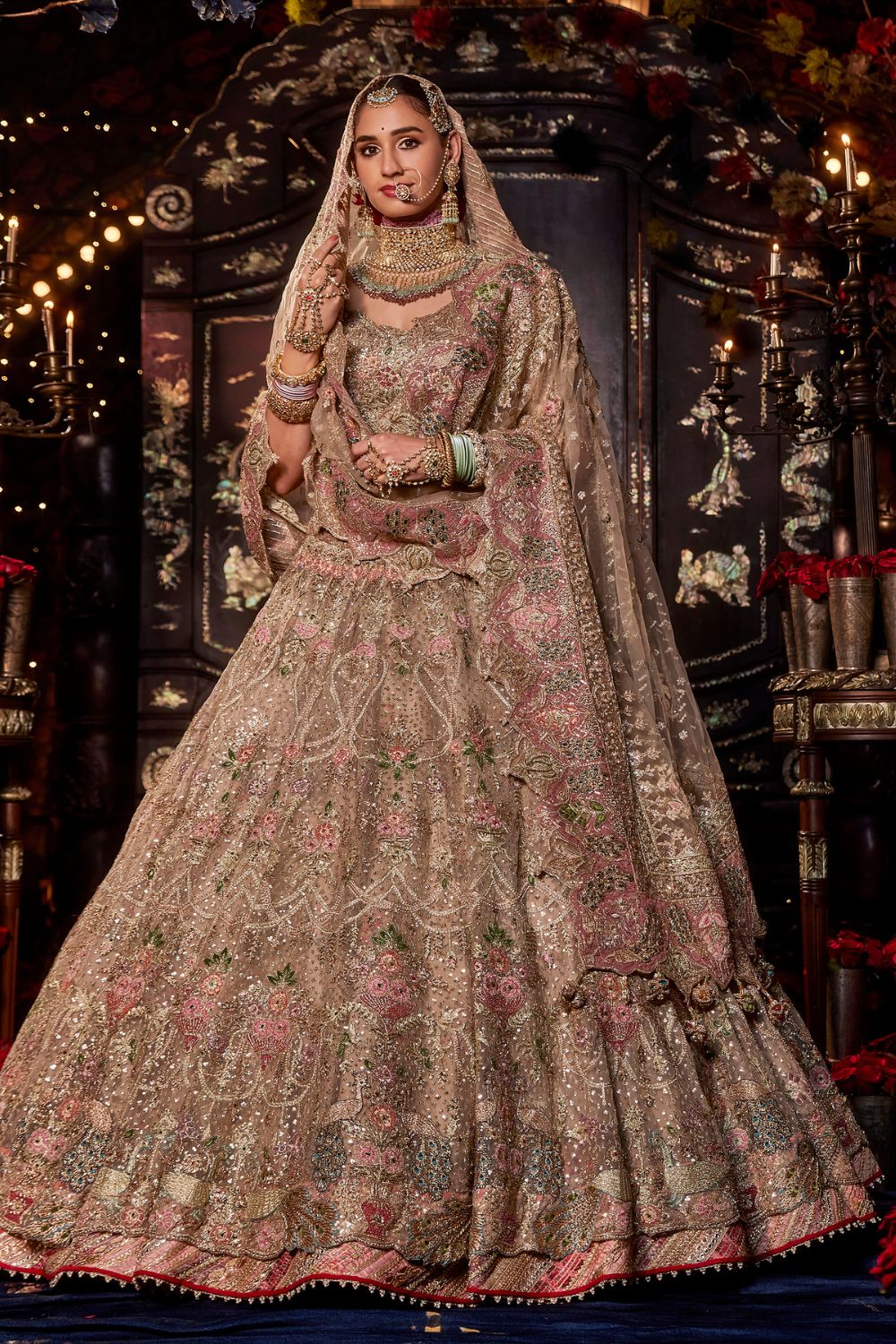 Beige Gold Persian Floral  Lehenga Set