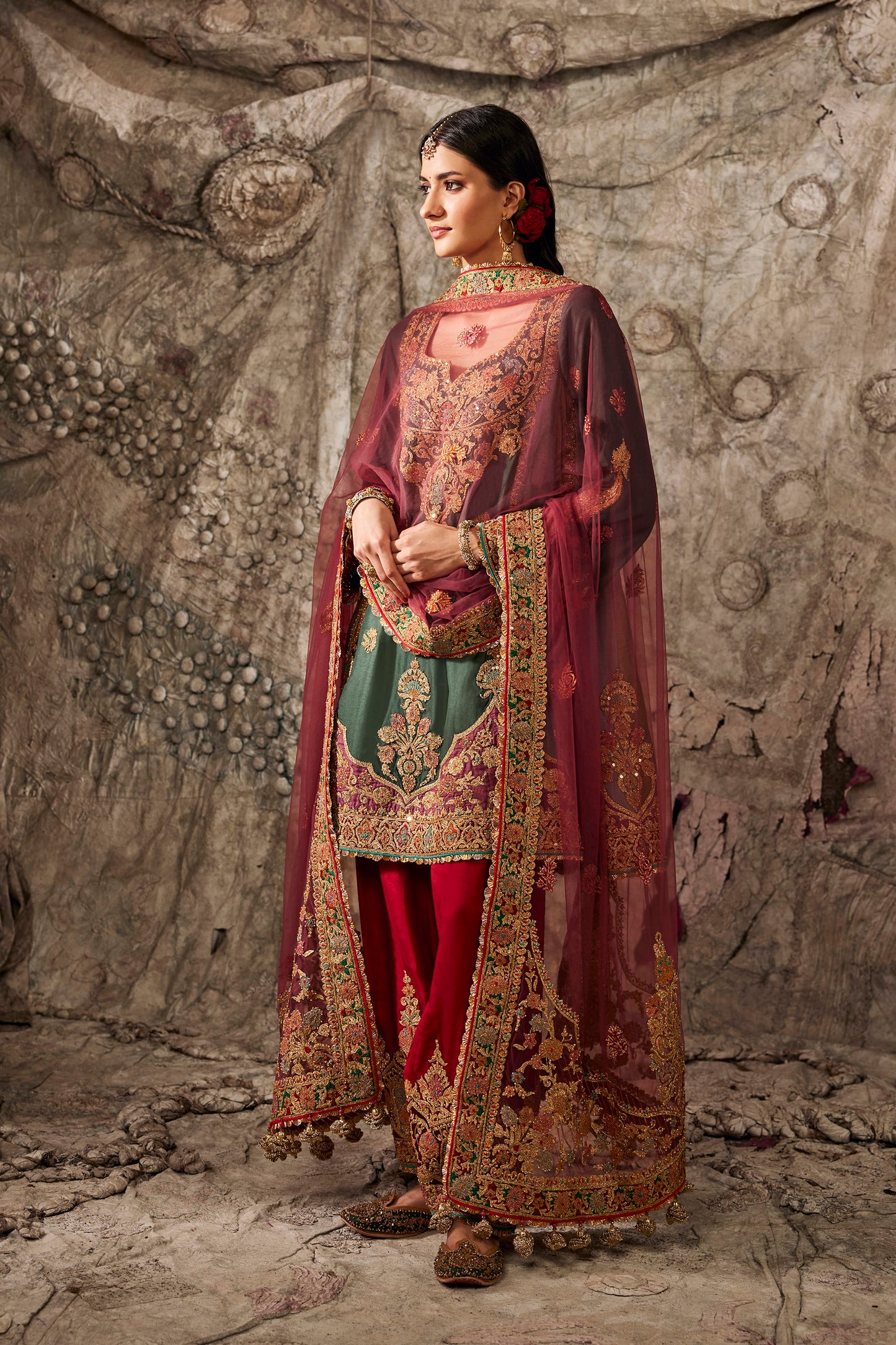 Teal Green Embroidered Flared Kurta Set
