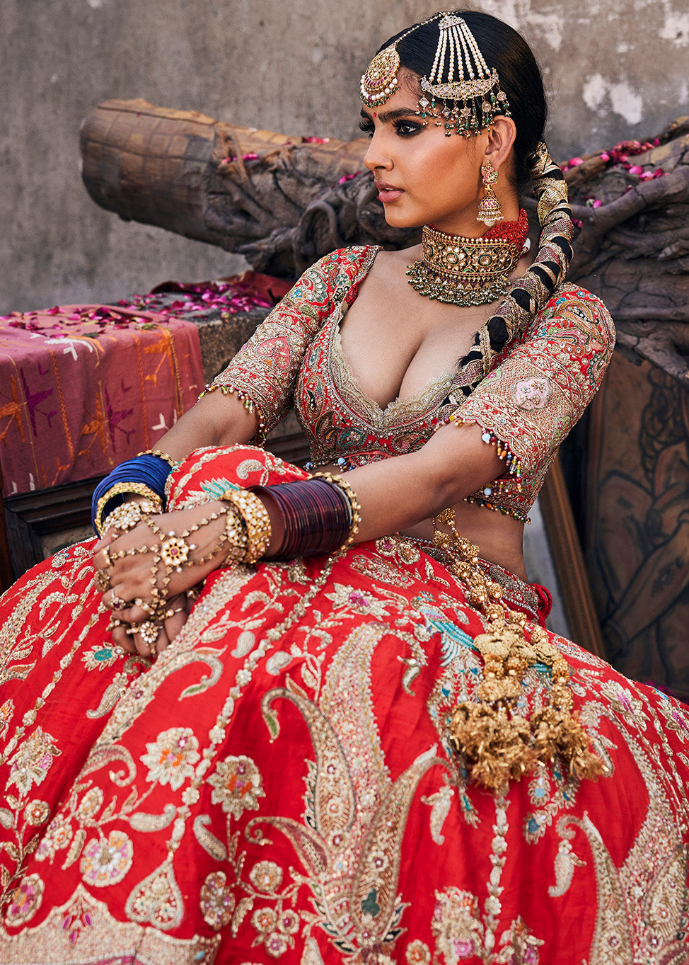 Scarlet Red Kasmiri Tilla Lehenga