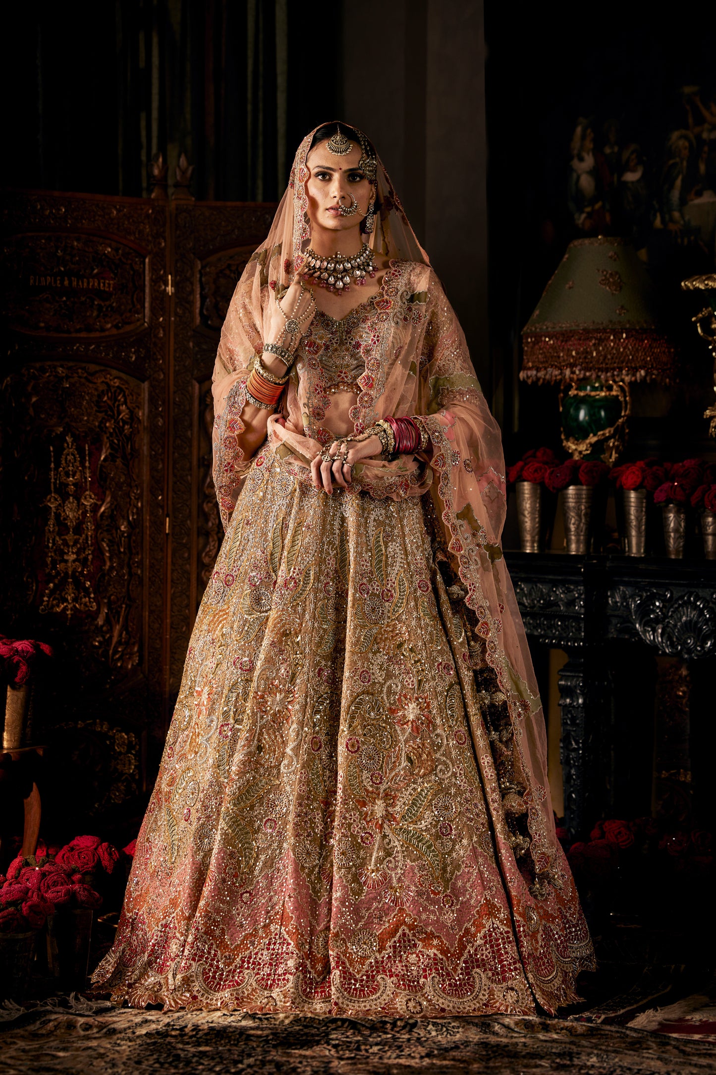 Peach Gold Tulle Lehenga