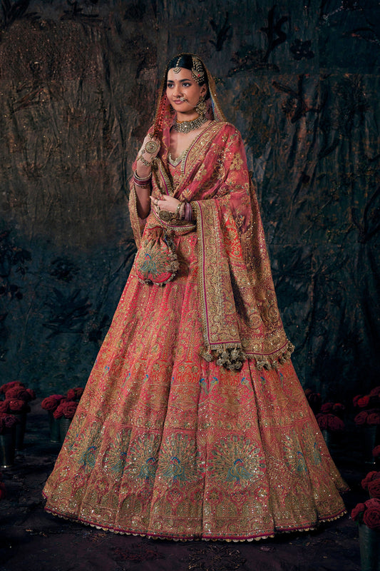 Coral Hued Embroidered Lehenga