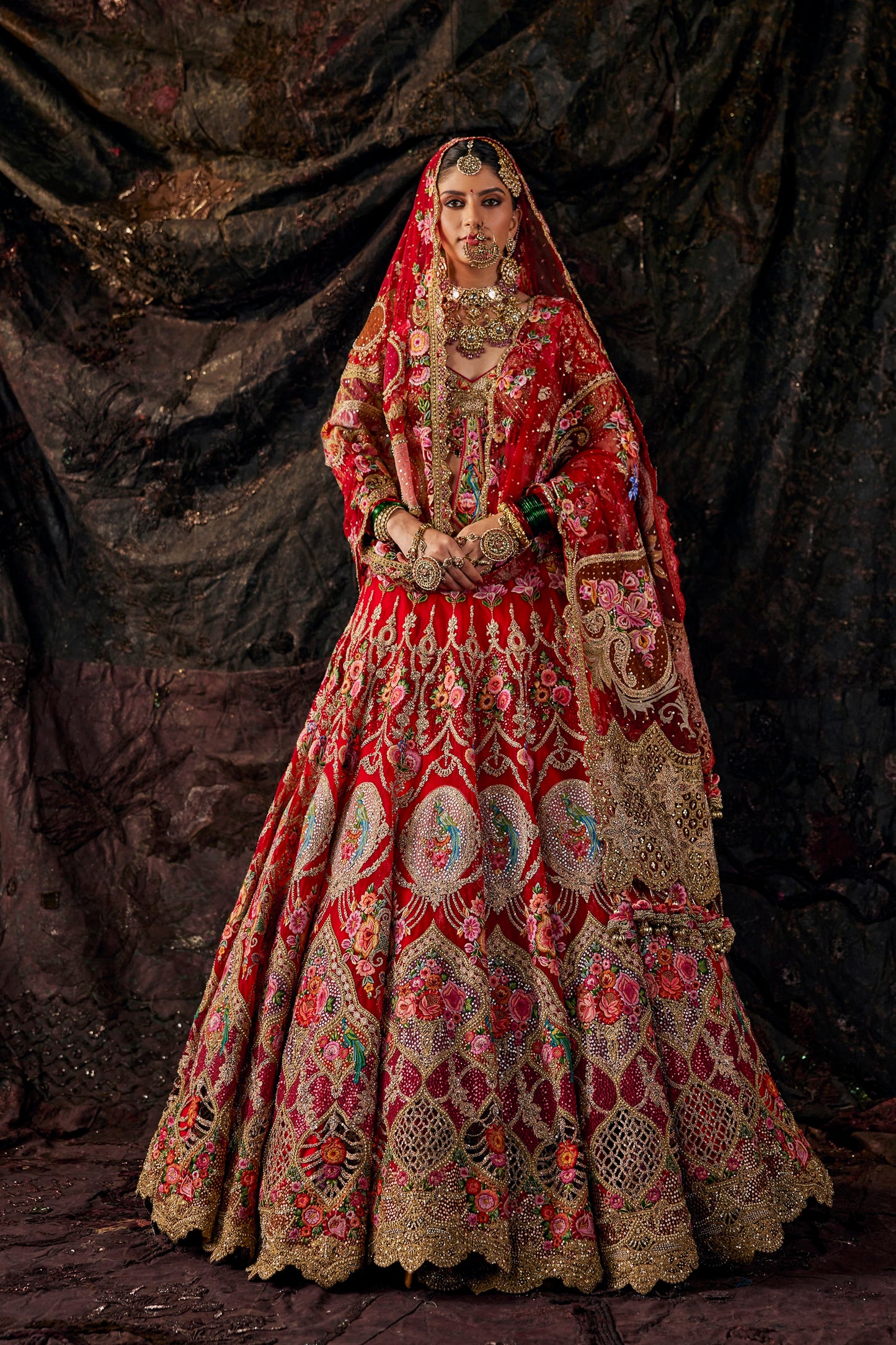 Crimson Floral Embroidered Lehenga