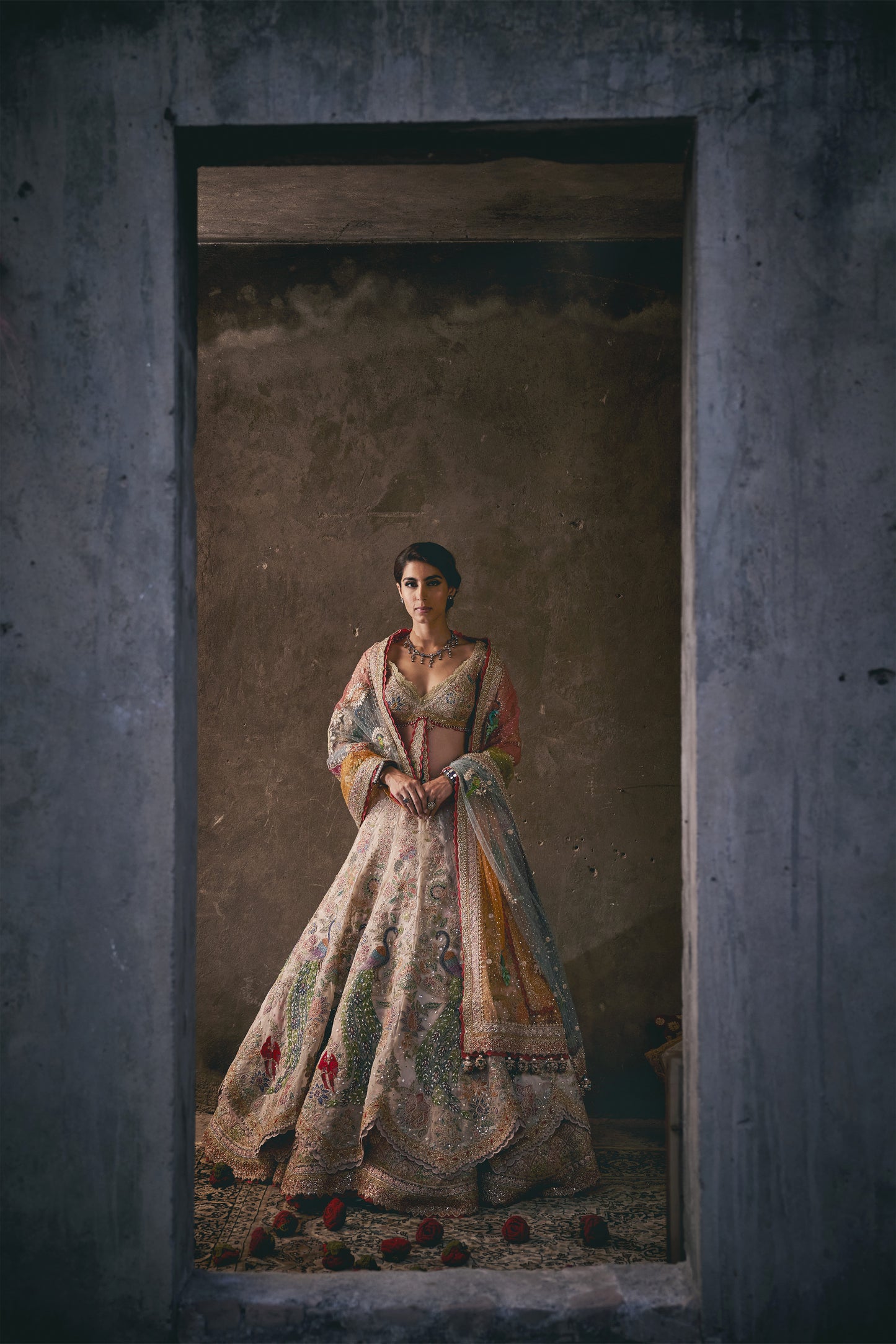 A Double Layered Ivory Tulle Lehenga