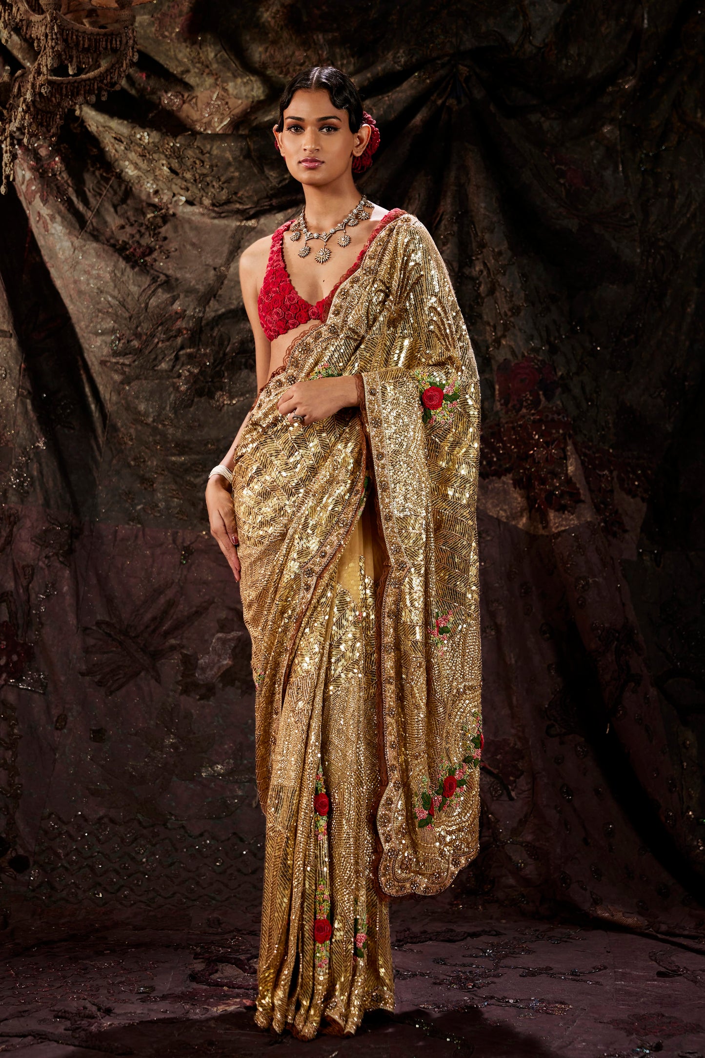 Golden Art Deco Embellished Tulle Saree