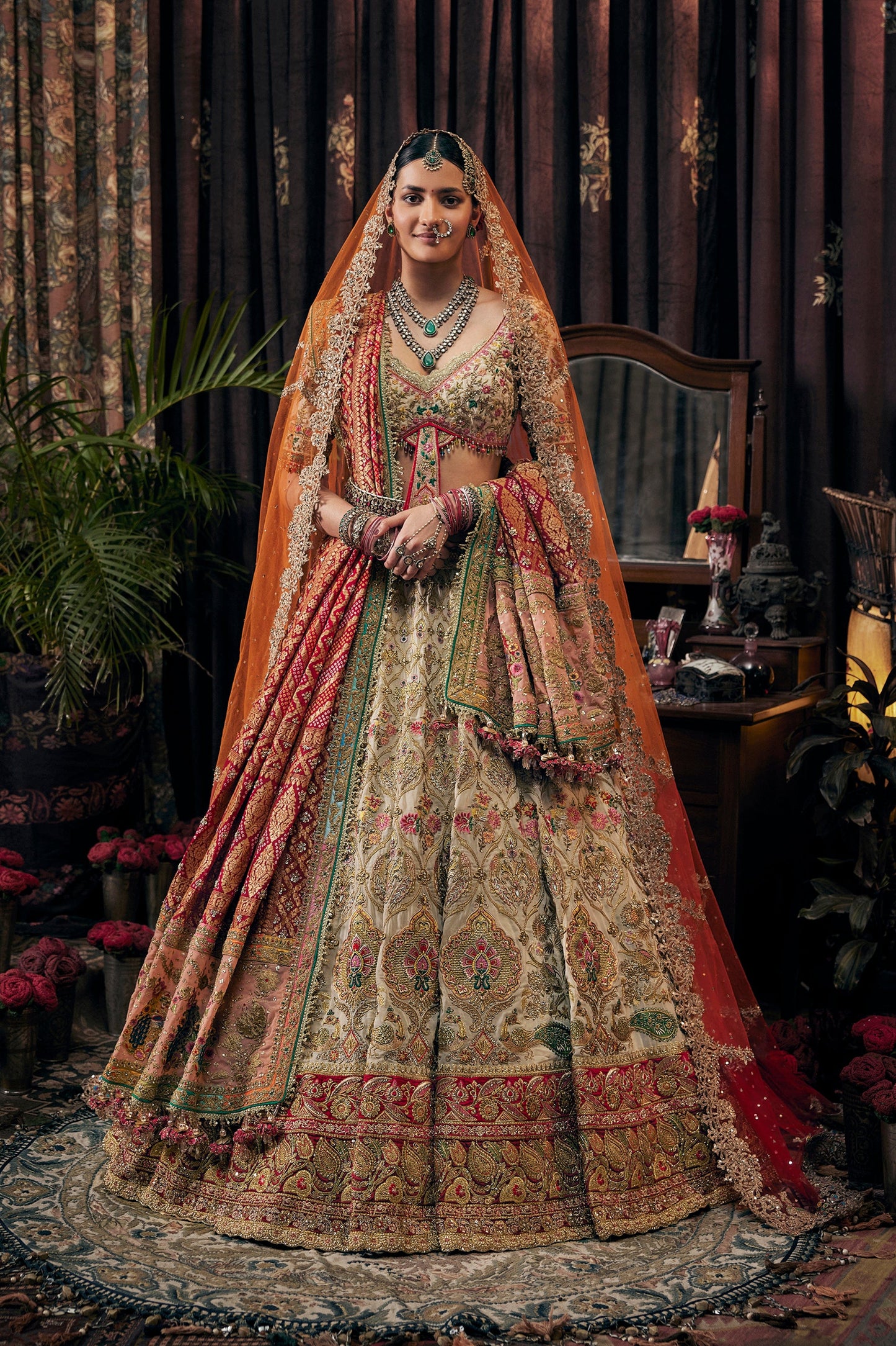 Ivory And Deep Red Lehenga