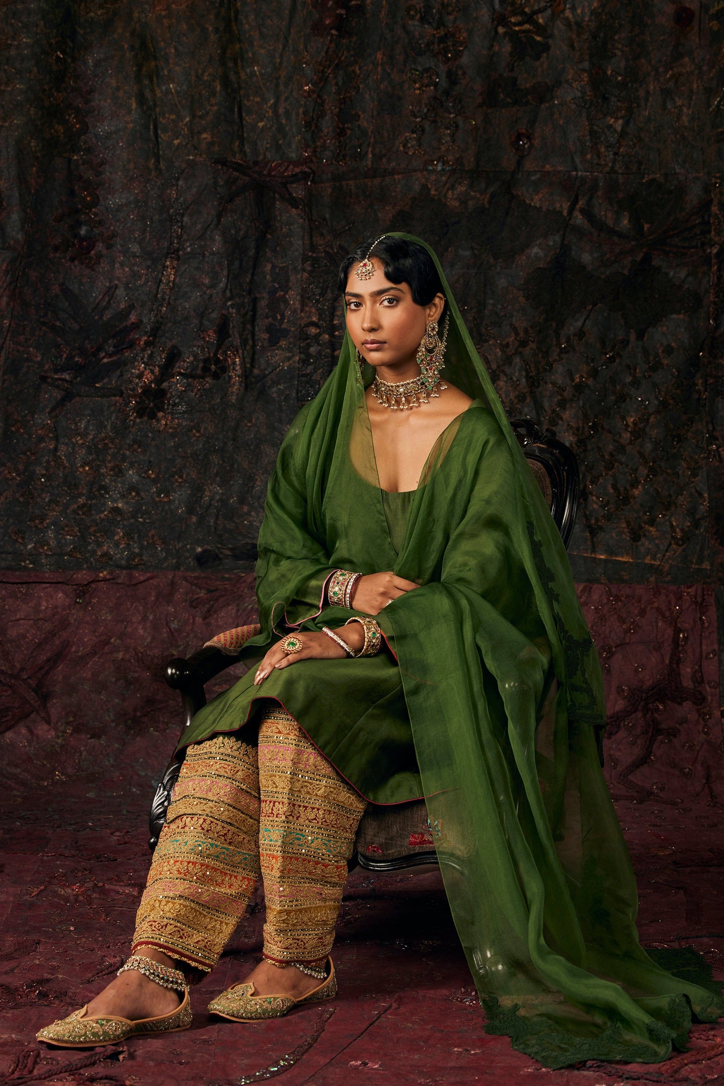 Deep-Green Silk Kalidar Kurta Set