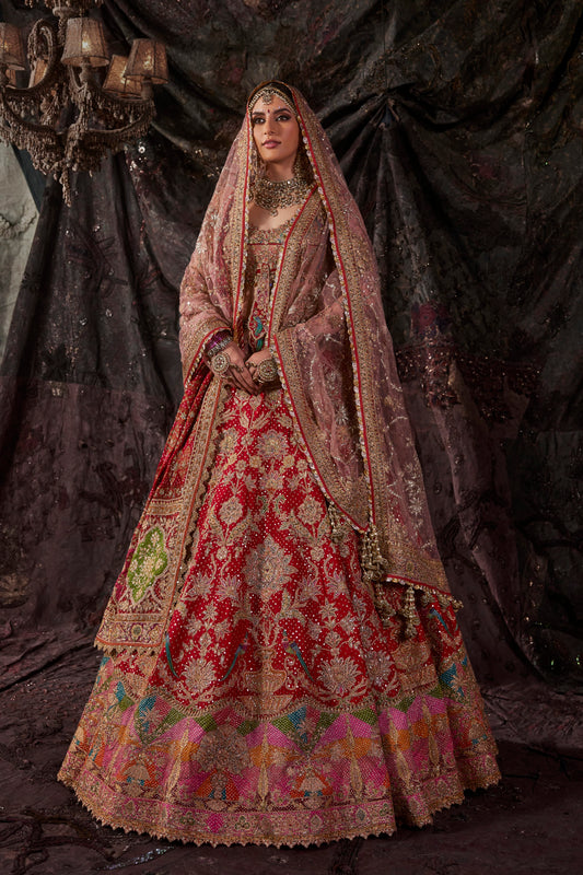 Deep Red Floral Embroidered Lehenga