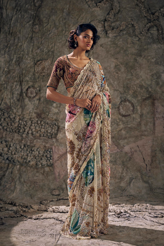 Ivory Art Deco Embroidered Tulle Saree