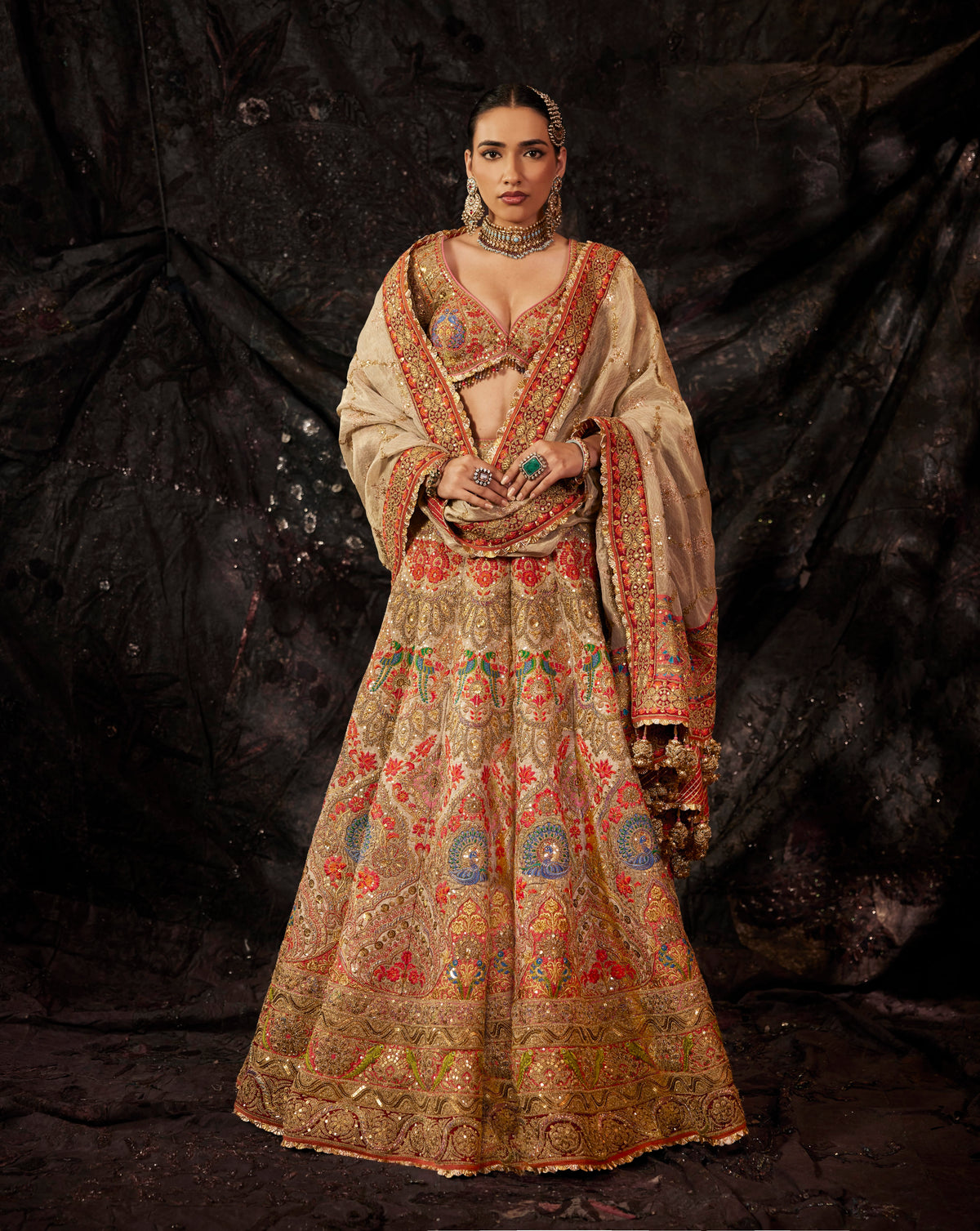 Antique Gold & Vermilion Embroidered Lehenga