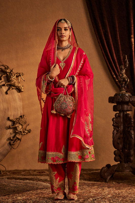 Deep Pink Mughal Jaali Kurta Set