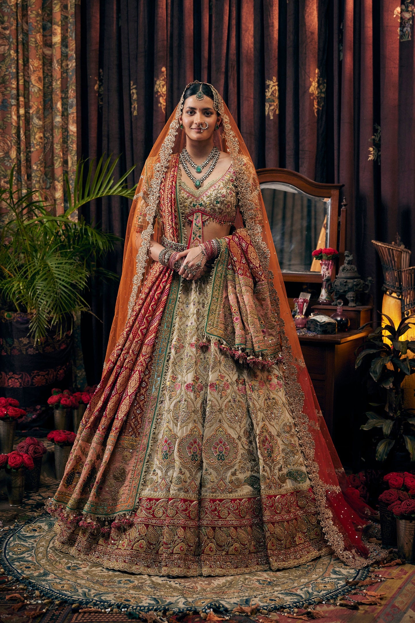 Ivory And Deep Red Lehenga