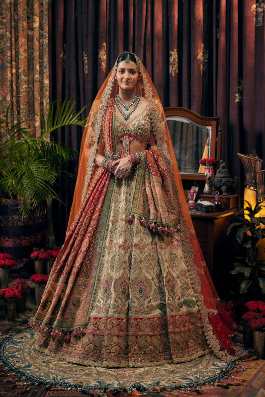 Ivory And Deep Red Lehenga