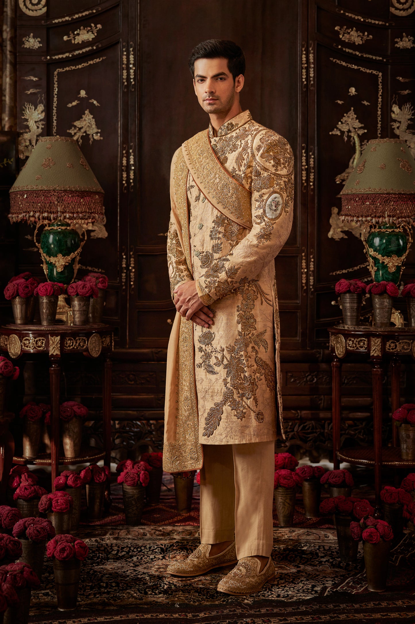 Beige Gold Silk Sherwani