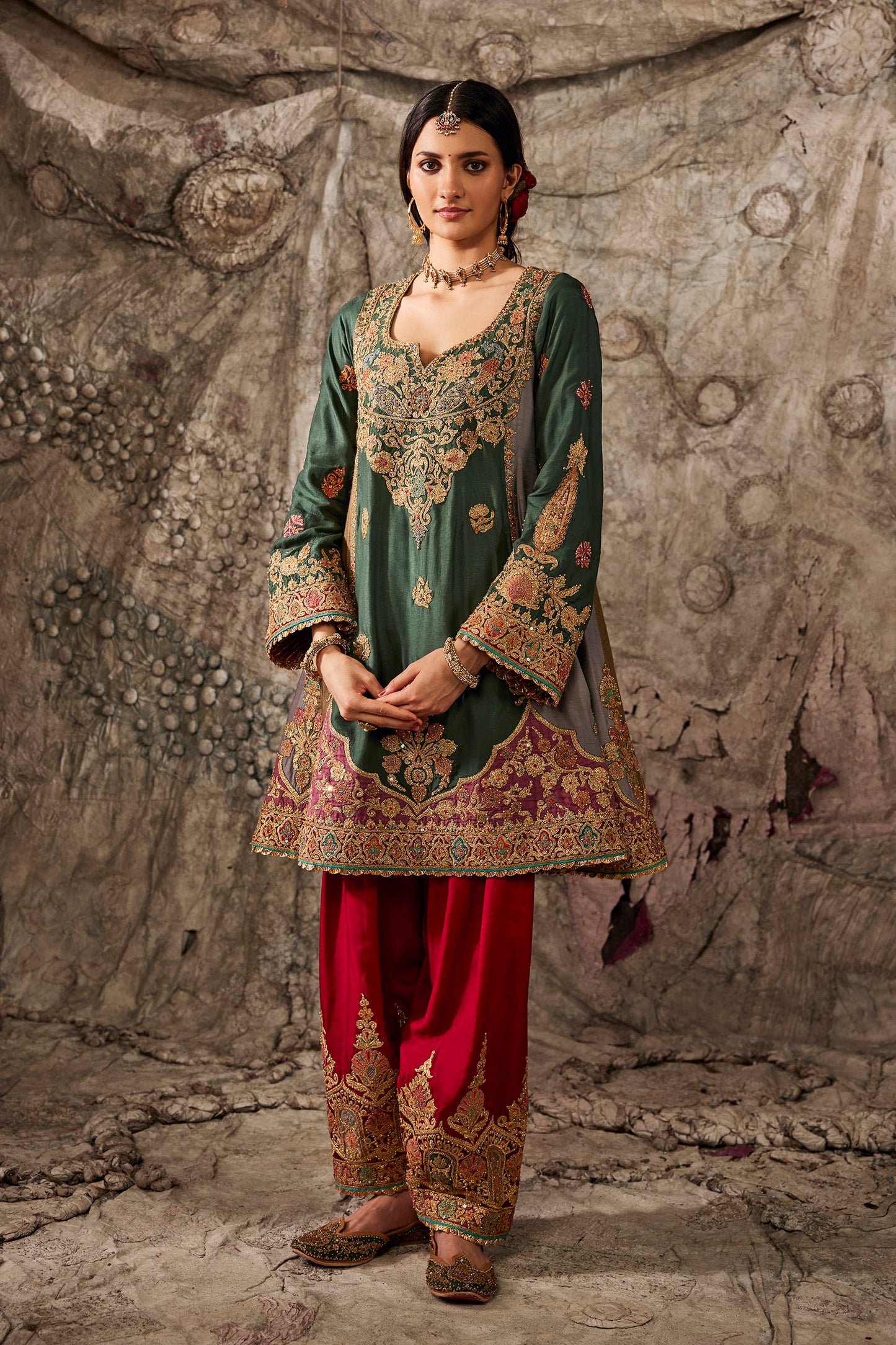 Teal Green Embroidered Flared Kurta Set