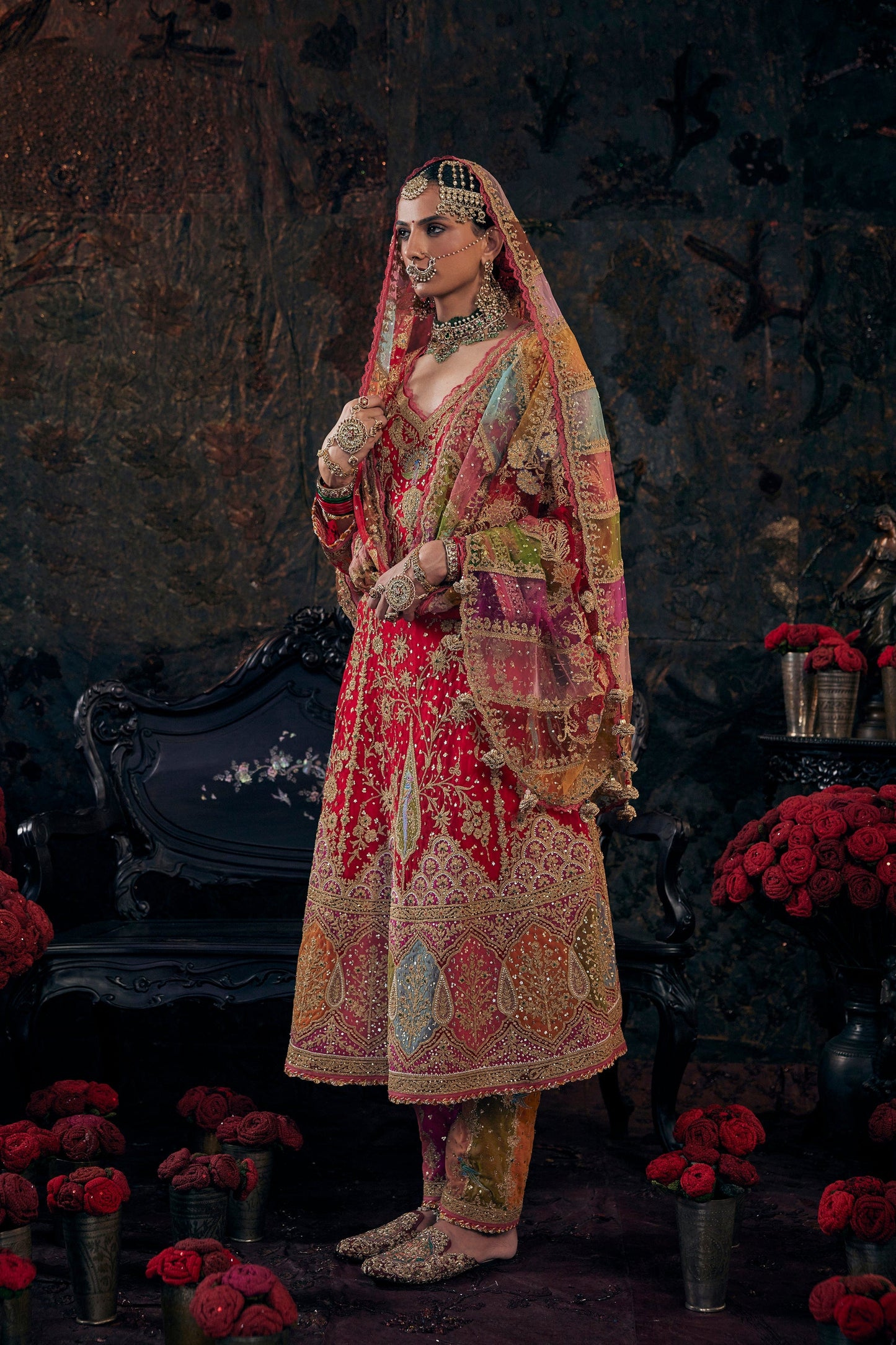Vivid Red Embroidered Kalidar Set