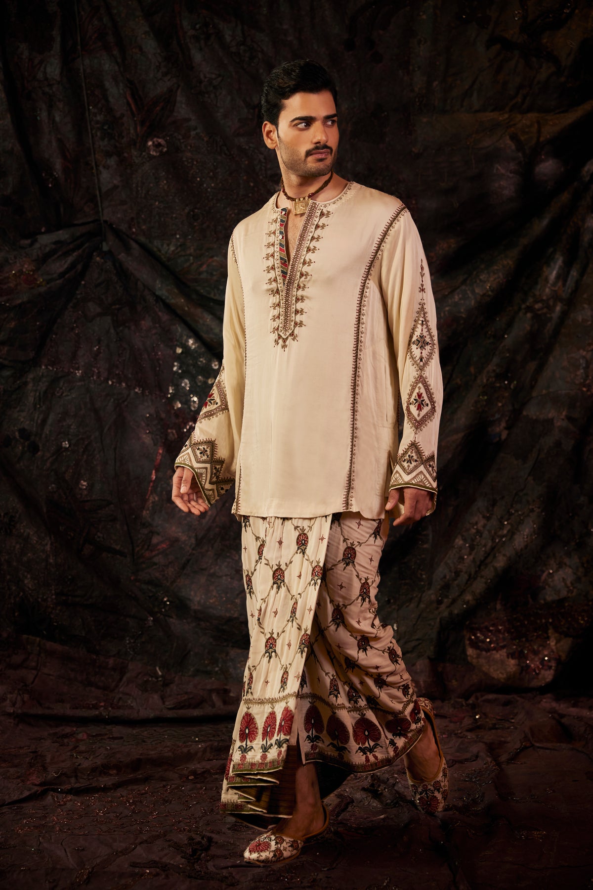 Ivory Embroidered Lungi Set