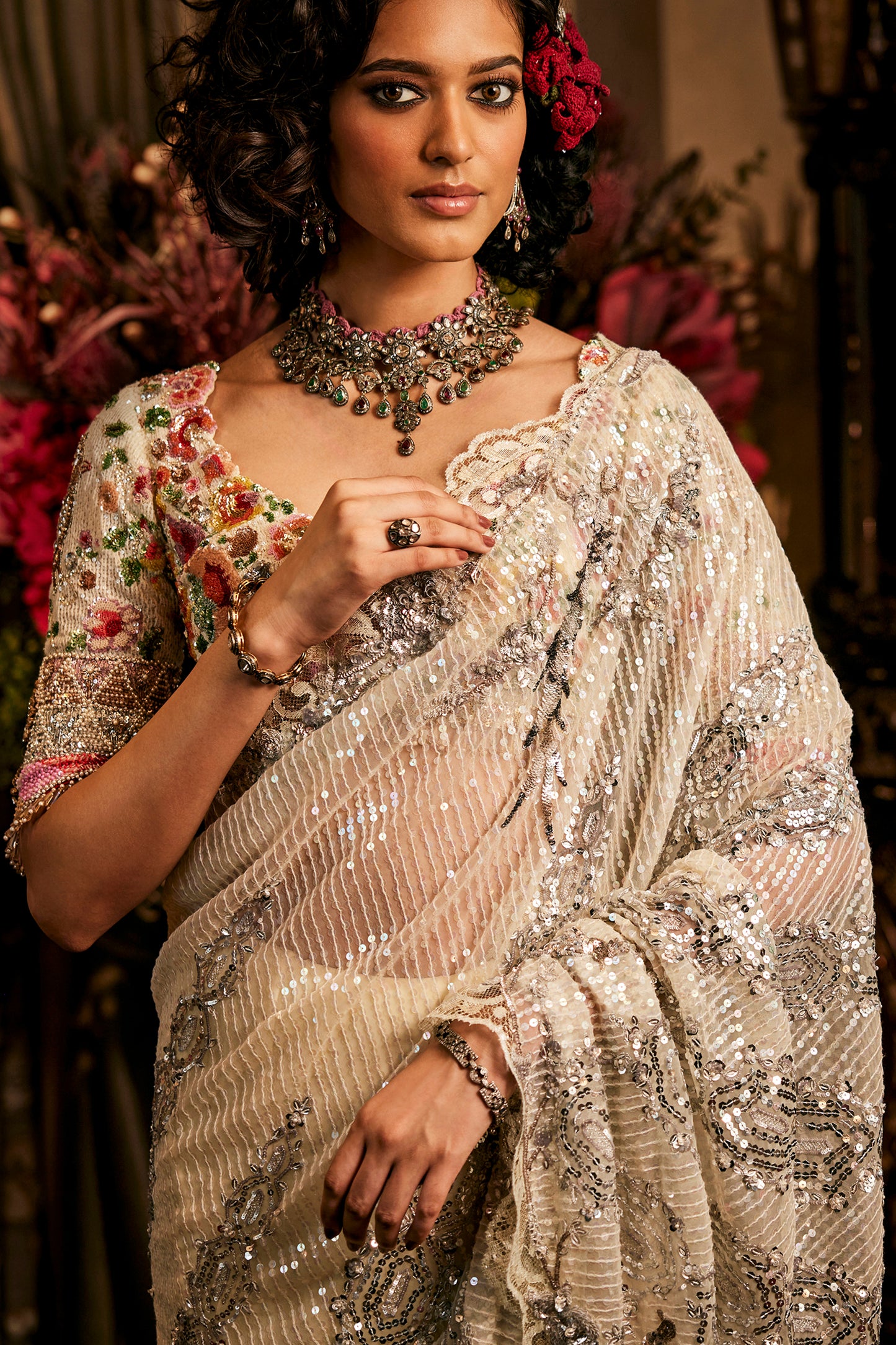 Ivory Sequinned Tulle Saree
