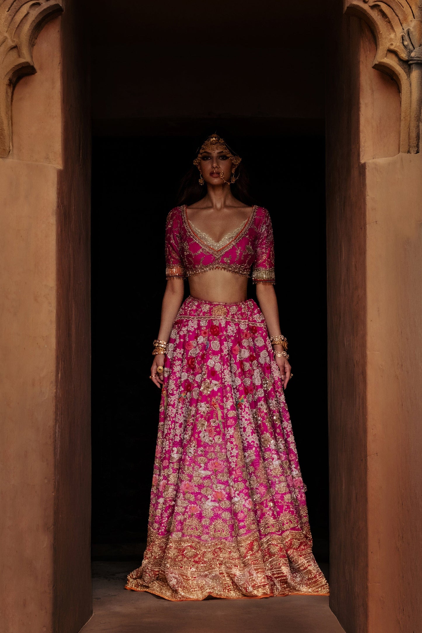 Deep Rani Pink And Gold Lehenga