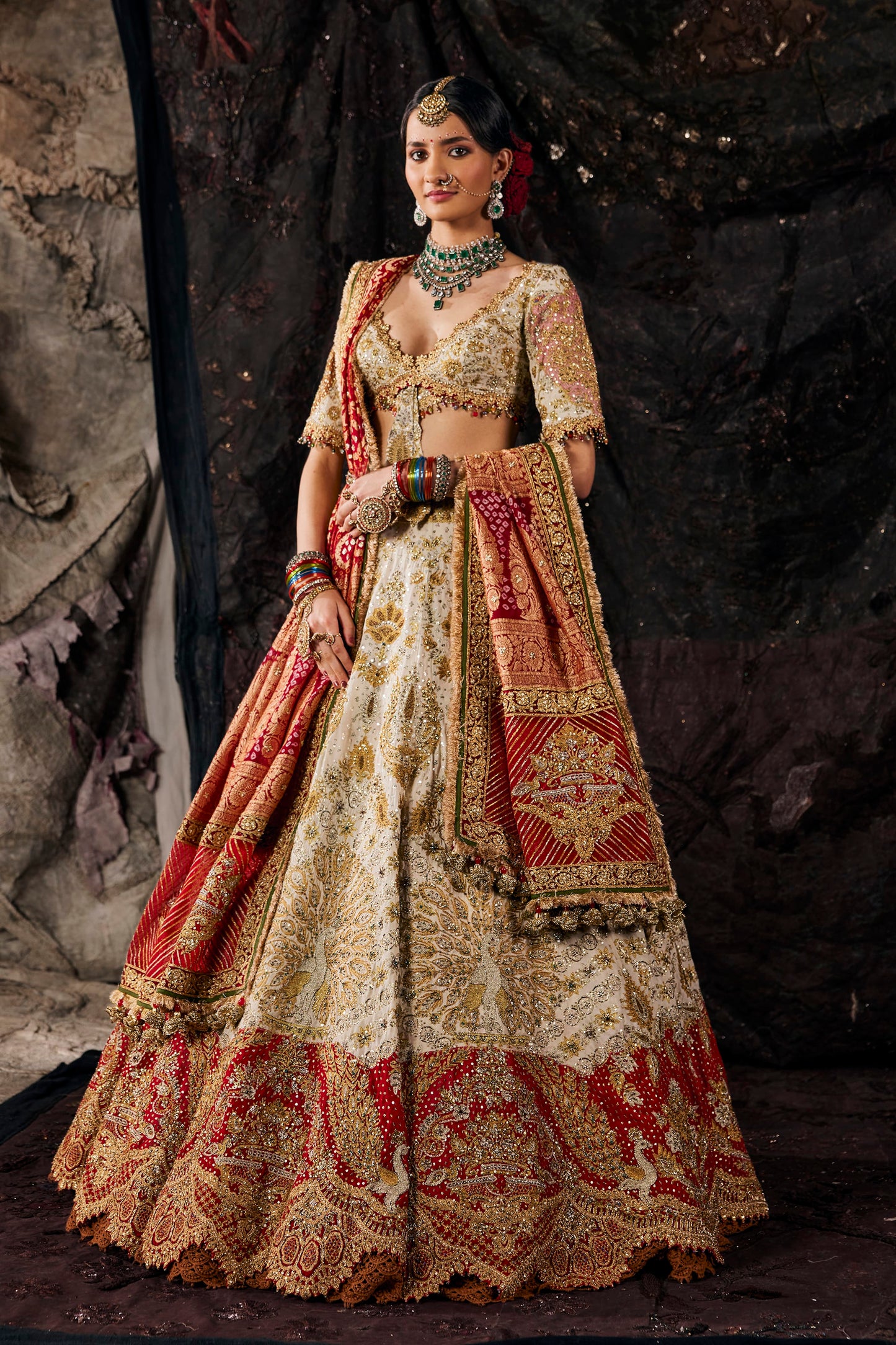 Red & Ivory Embroidered Georgette Lehenga