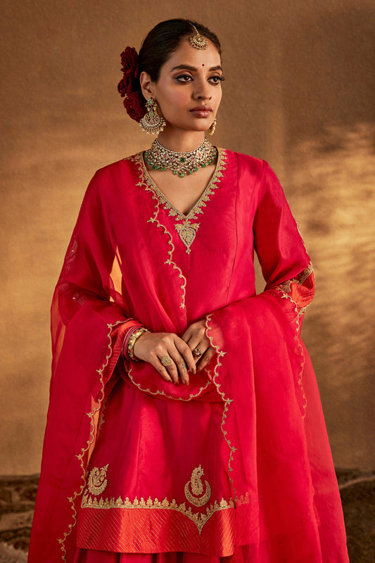 Woman in Deep Pink Sharara Set, elegant traditional South Asian formal wear, full length.