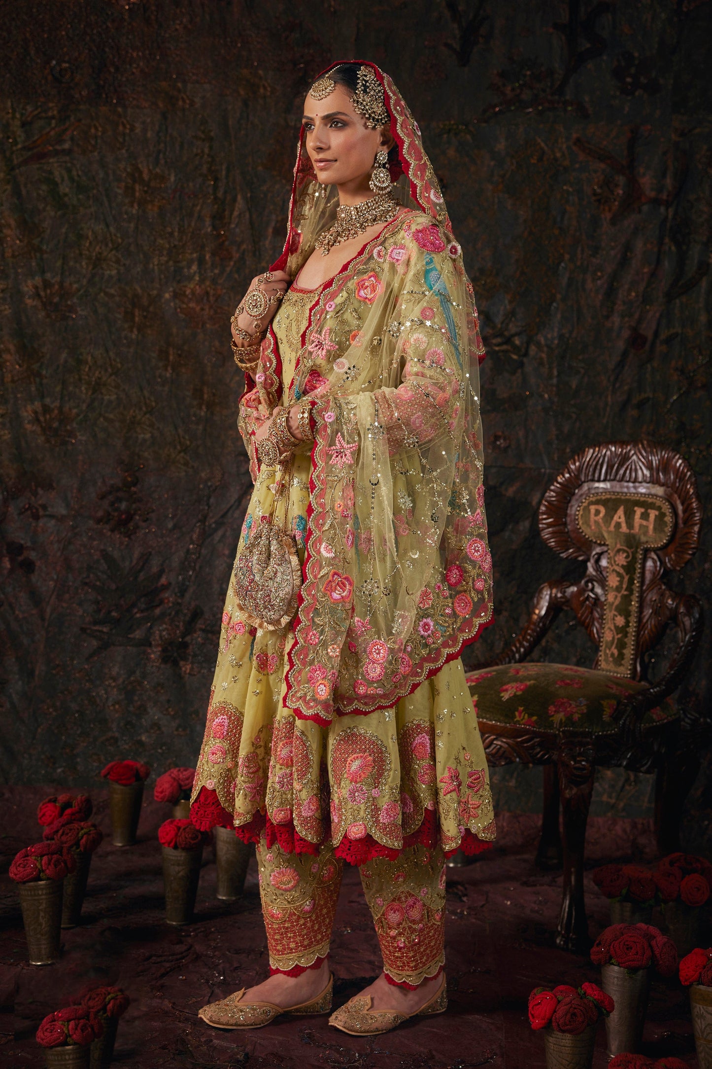 Earthy Pistachio Embroidered Kalidar Set