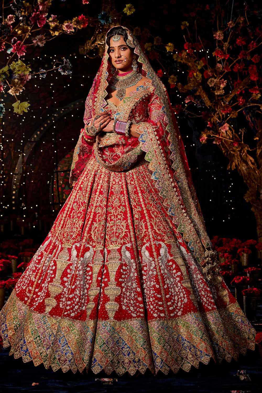 Deep Red  Seed Pearl Peacock Lehenga Set