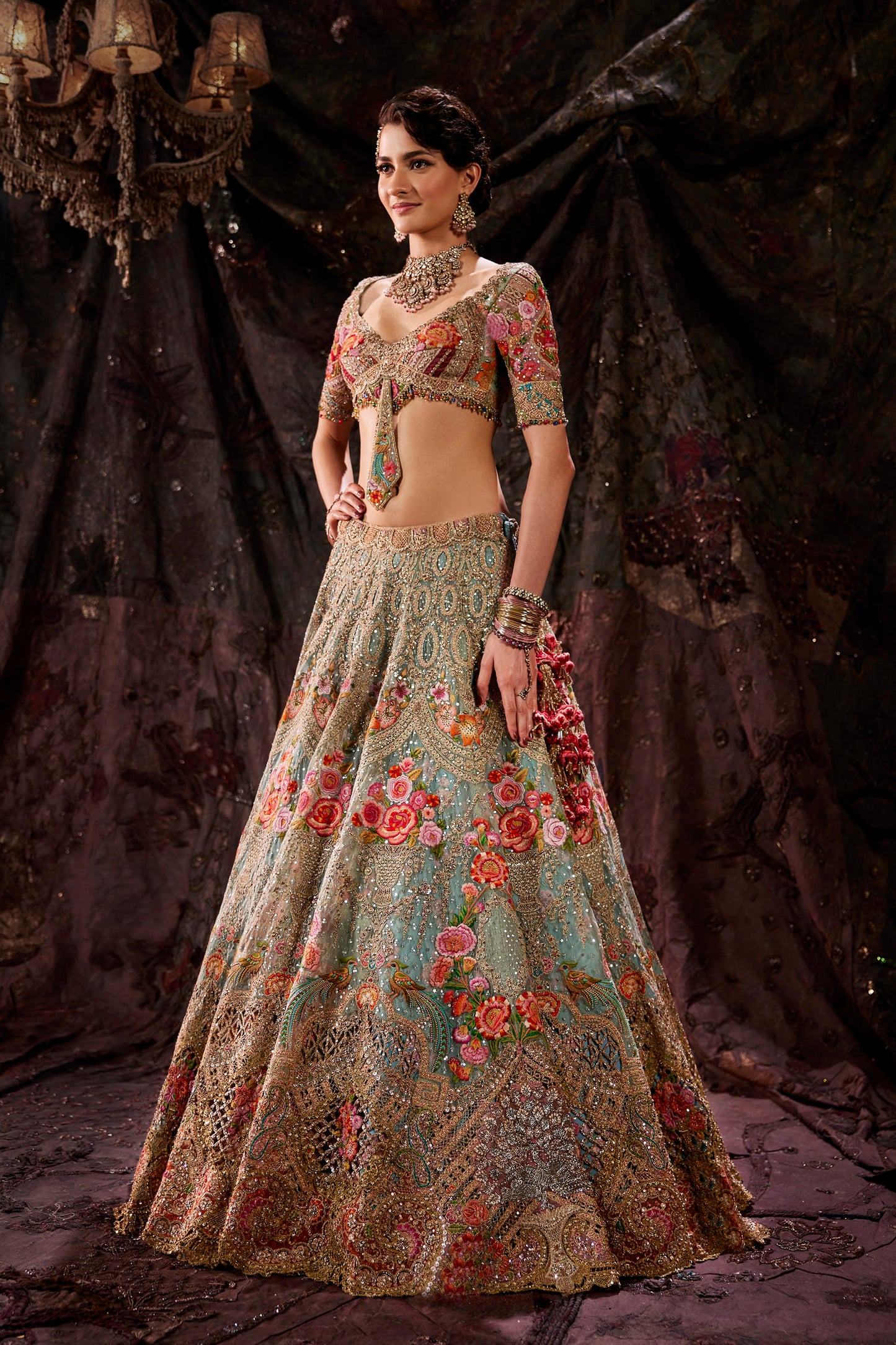 Frosted Blue Baroque Embroidered Tulle Lehenga