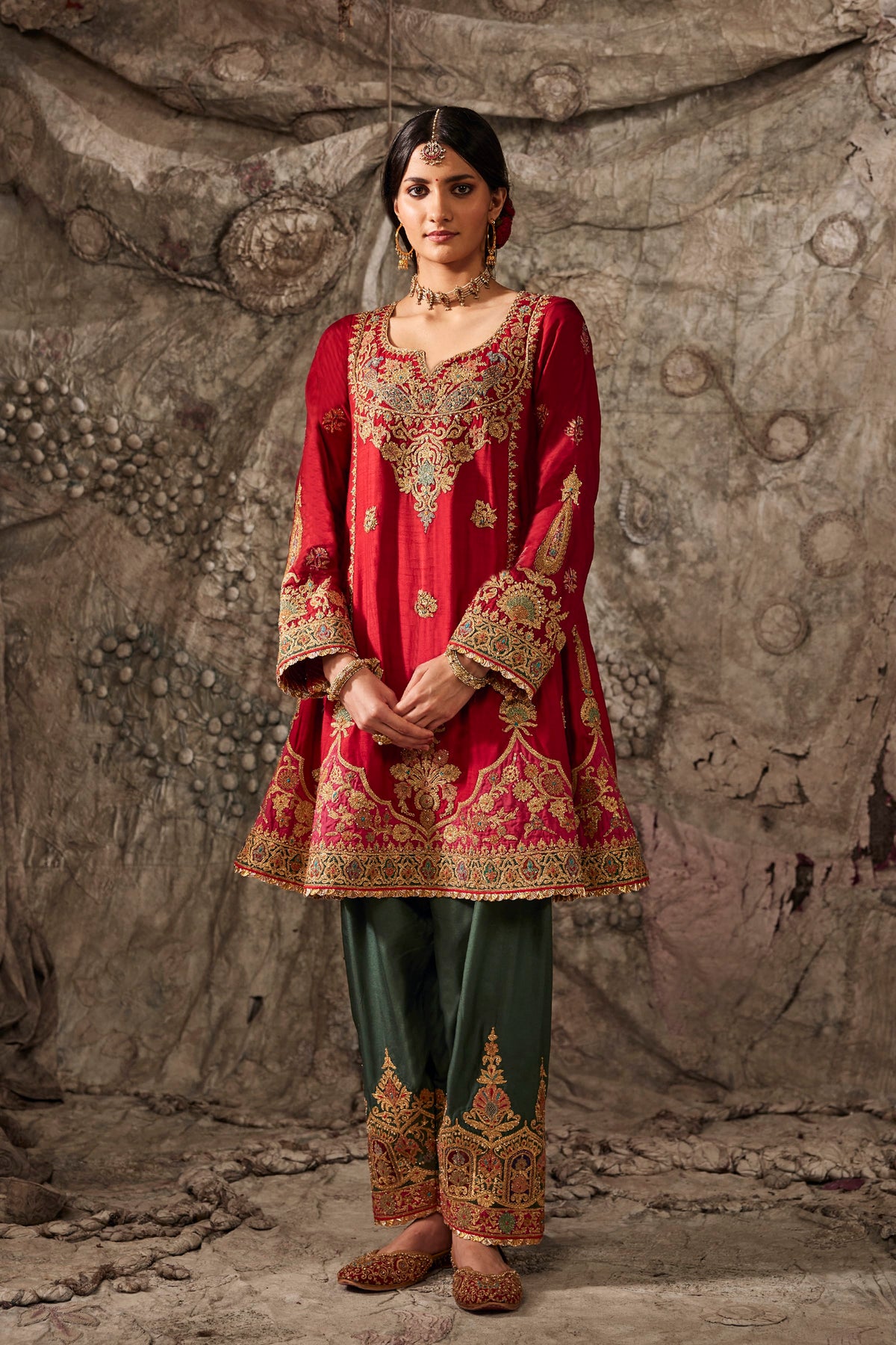 Earthy Red Embroidered Flared Kurta Set