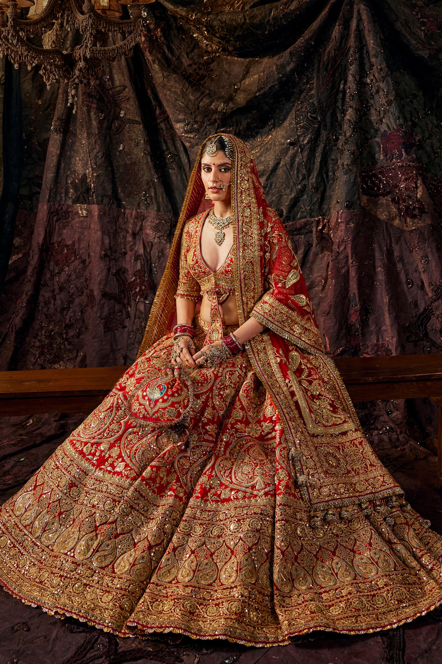 Deep Red Embroidered Georgette Lehenga