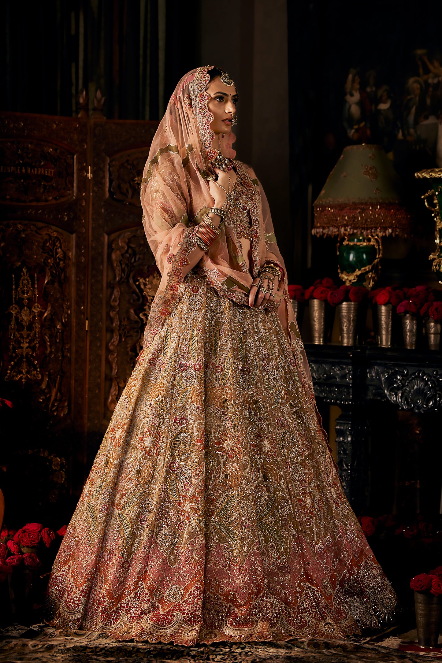Peach Gold Tulle Lehenga