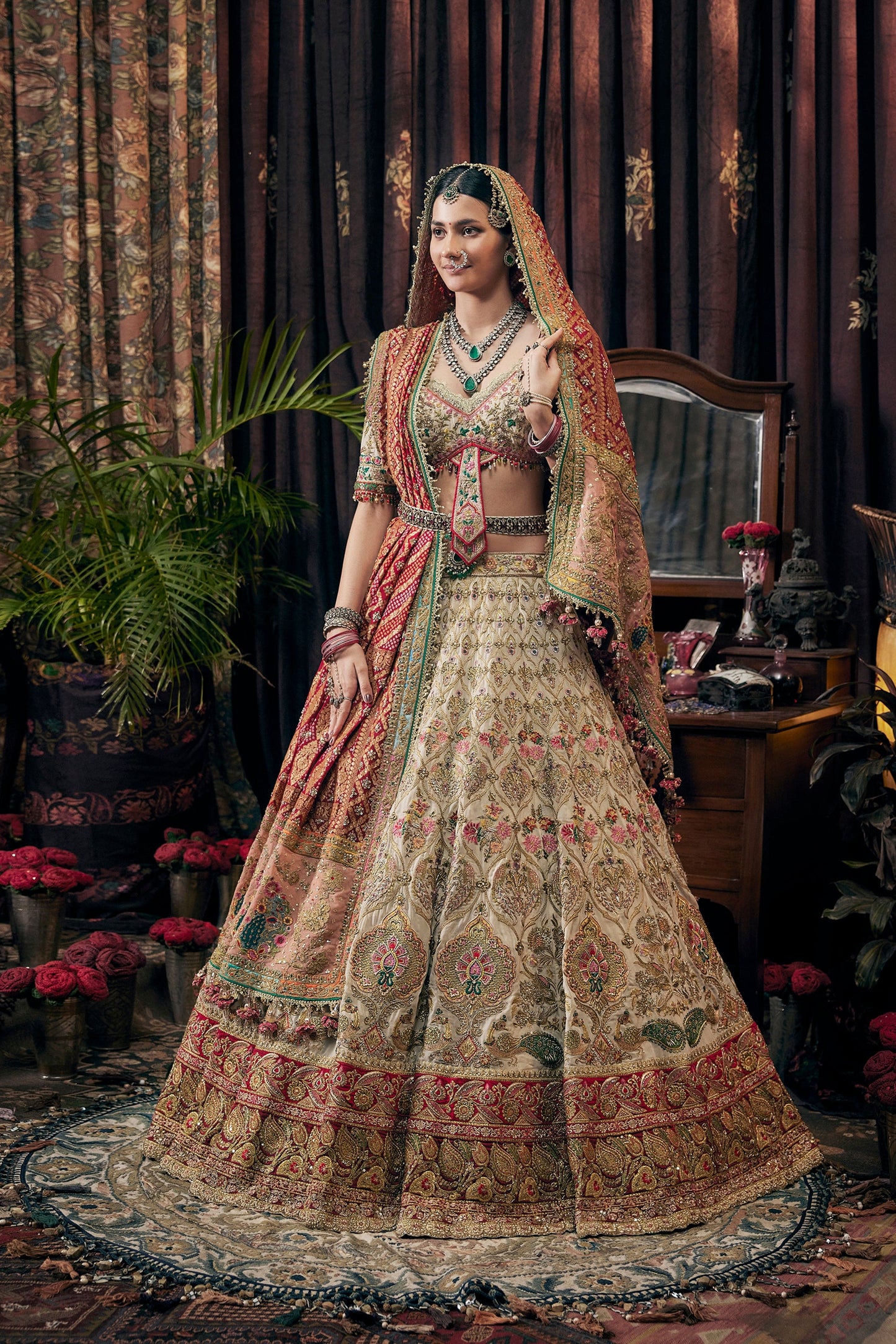 Ivory And Deep Red Lehenga