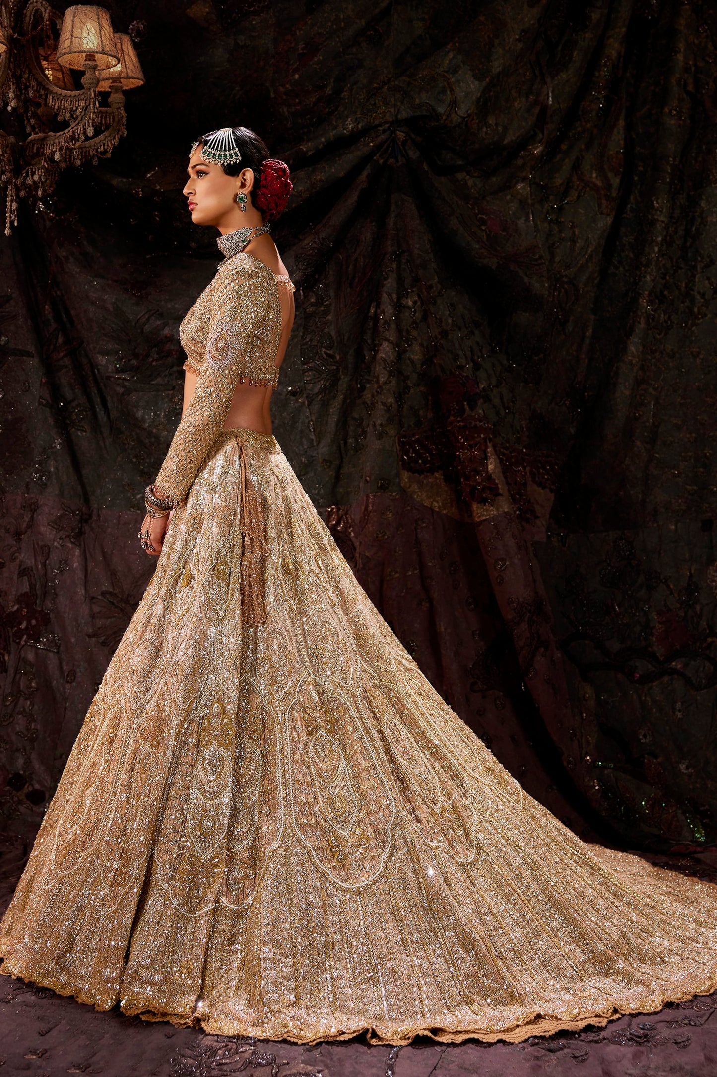 Burnished Gold Sequin Embellished Tulle Lehenga