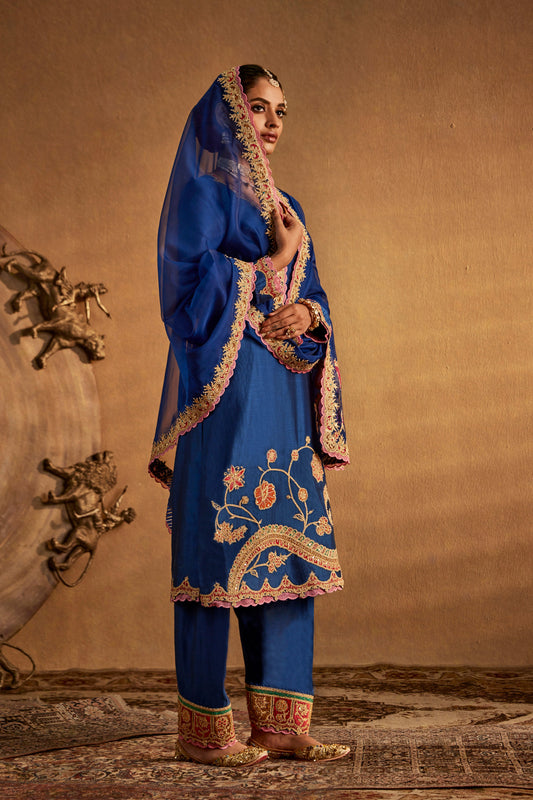 Model in a deep blue floral kurta set, intricate embroidery, traditional South Asian fashion, formal ethnic attire.